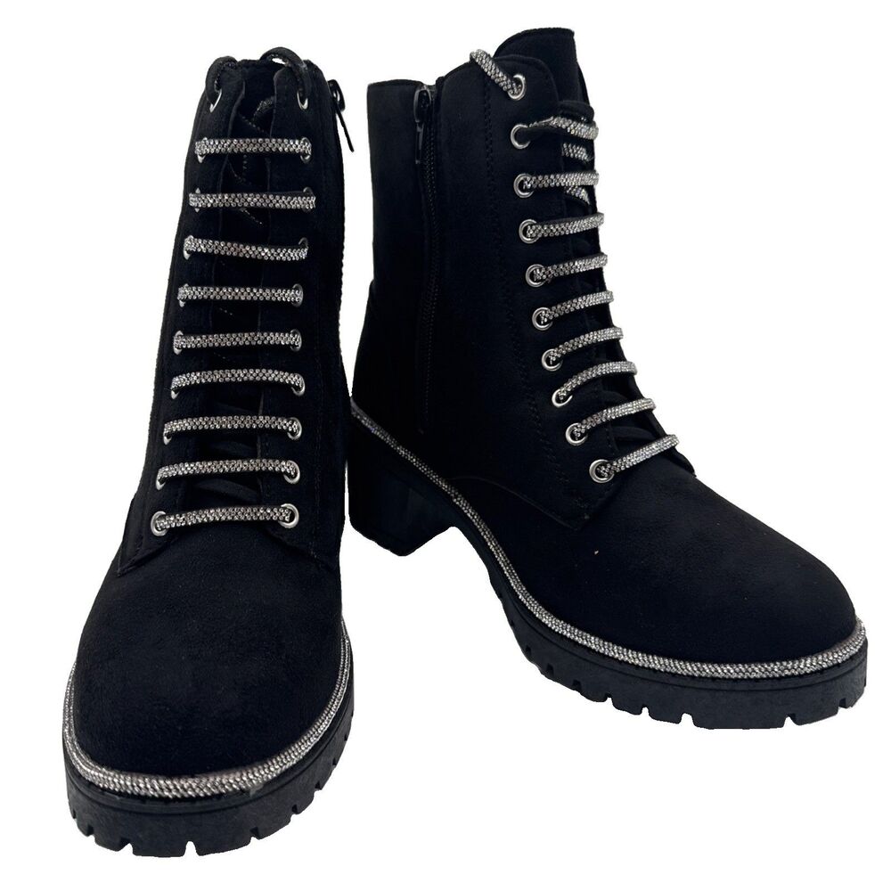 Rouge Women’s Glam Combat Boots Black Faux Suede Rhinestone Trim